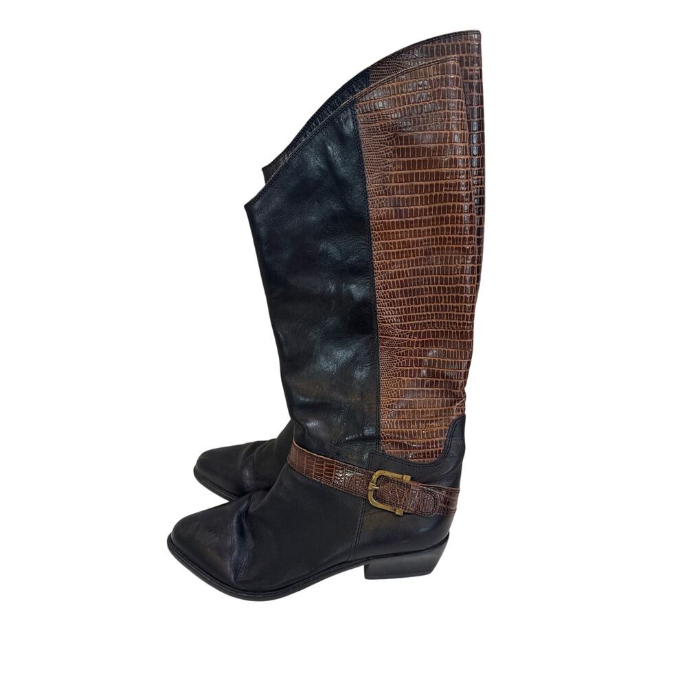 Bandolino Italian Mid Calf Leather Brown Black Boots Belt Reptile Texture Sz 8 - Picture 5 of 10